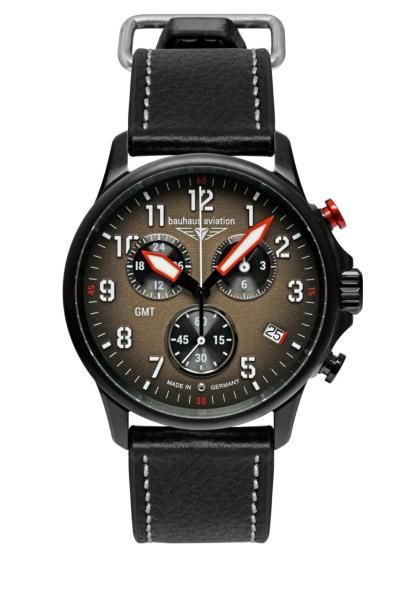Bauhaus Aviation Herrenuhr Quarz GMT-Chronograph mit Lederarmband